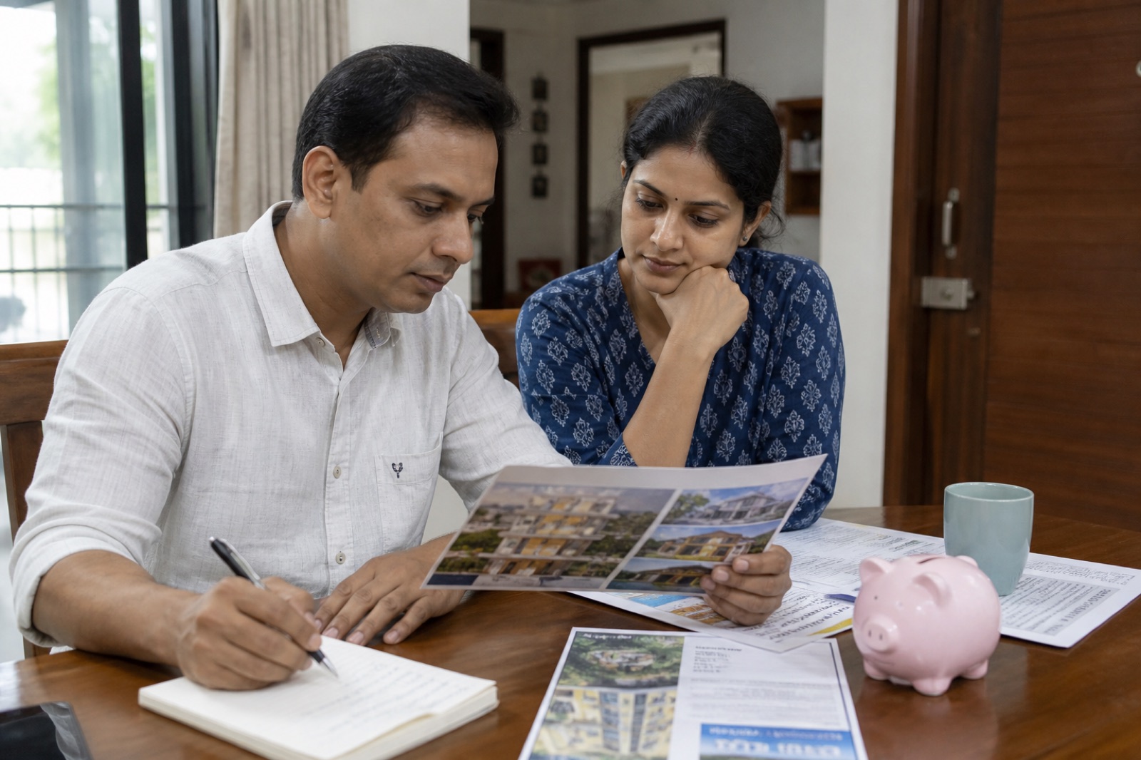 Indian parents at a dining table with a house listing and a notebook for a rupee target