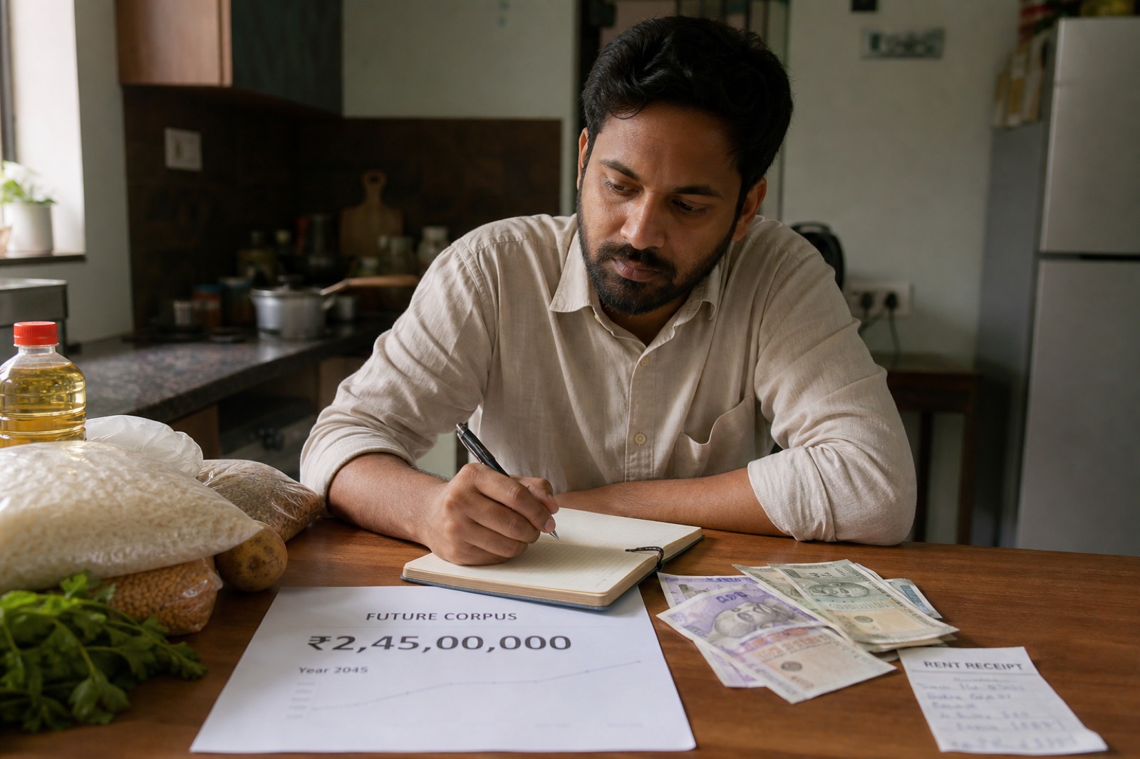 A kitchen table in India: a large printed future-corpus figure beside everyday groceries, cash, and a rent receipt, showing why purchasing power matters more than the headline