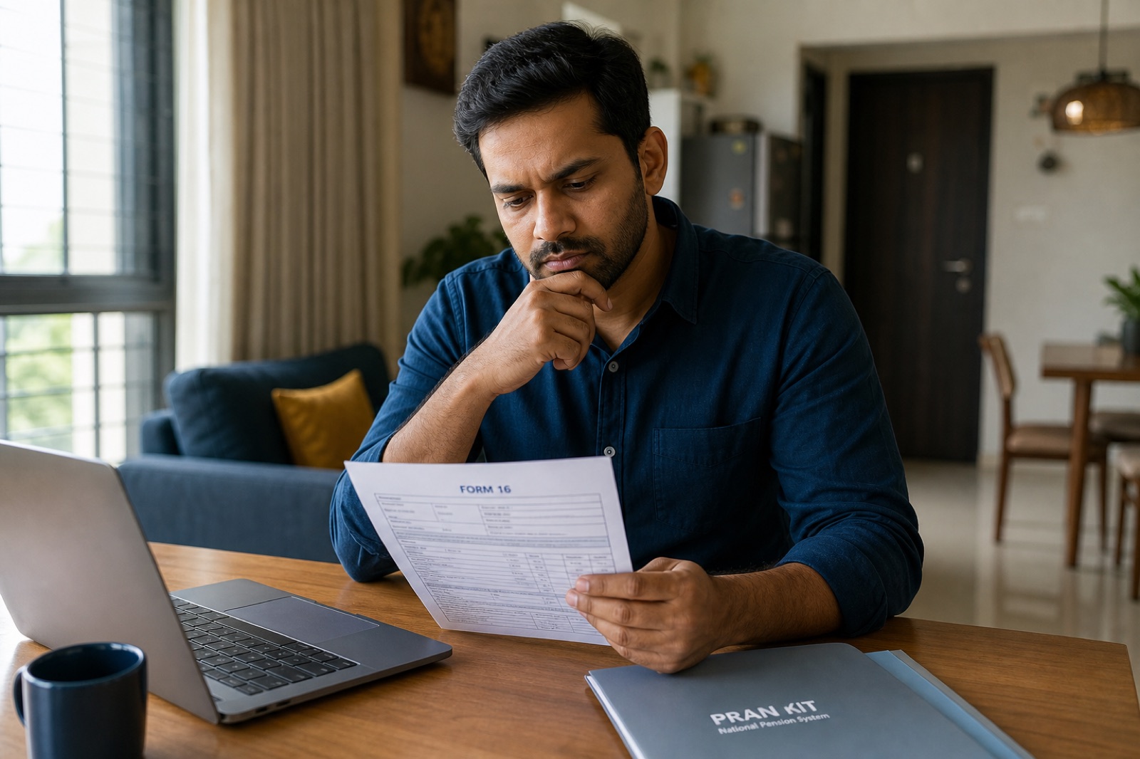 Indian professional at a desk with Form 16 and an NPS account kit, considering a long lock-in