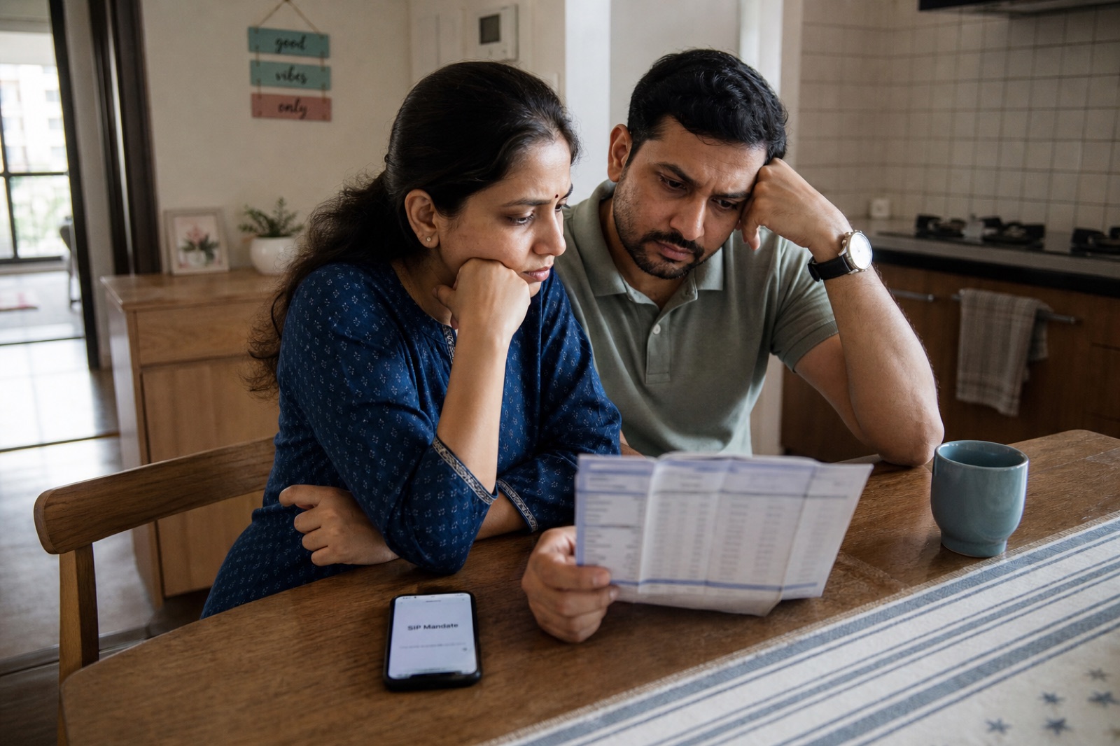 Indian couple at a kitchen table with a home-loan statement beside a folder for a monthly SIP mandate