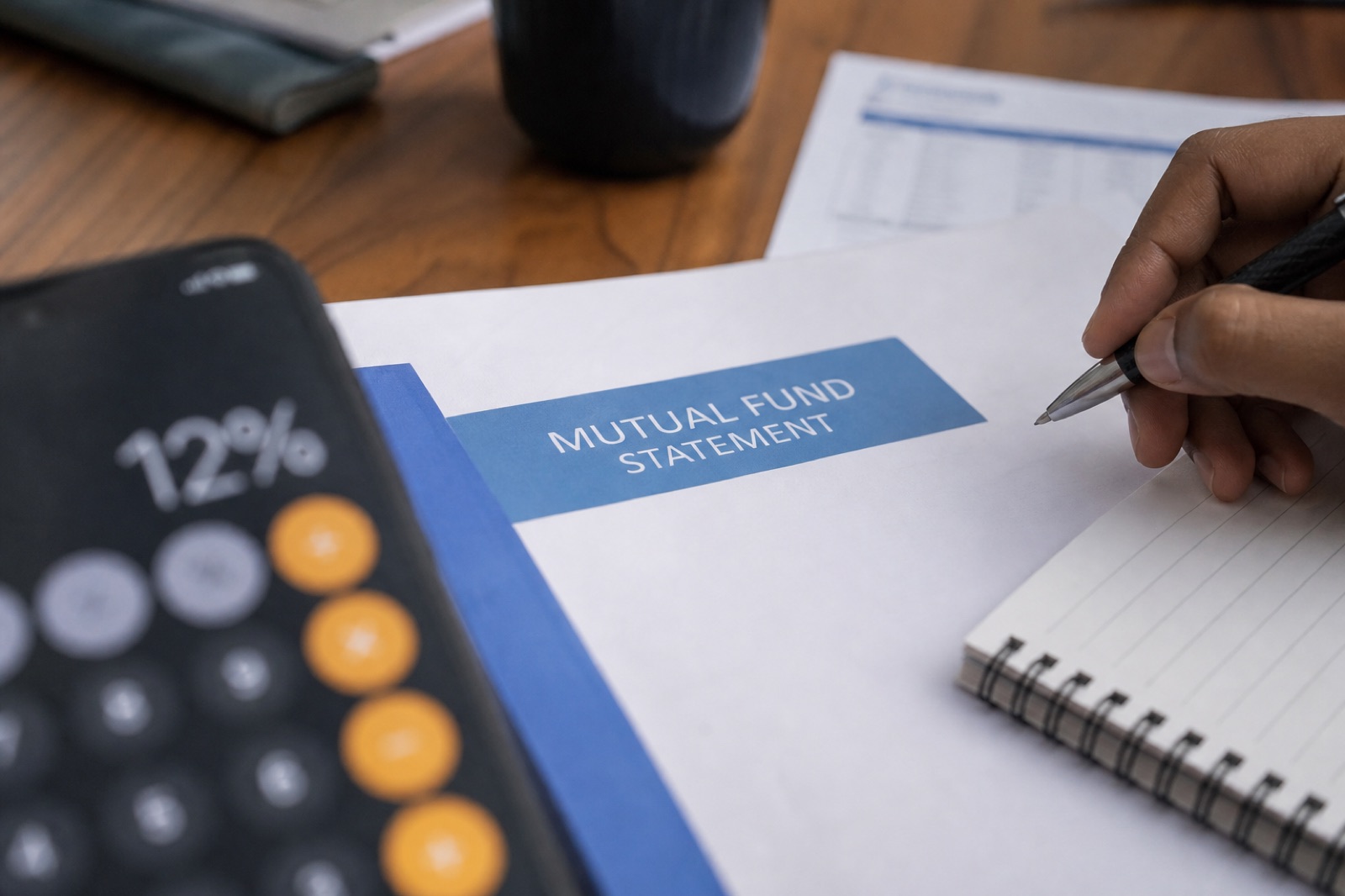 Hands hesitating over a calculator and a mutual fund folder on a wooden desk, without treating a round percentage as a forecast