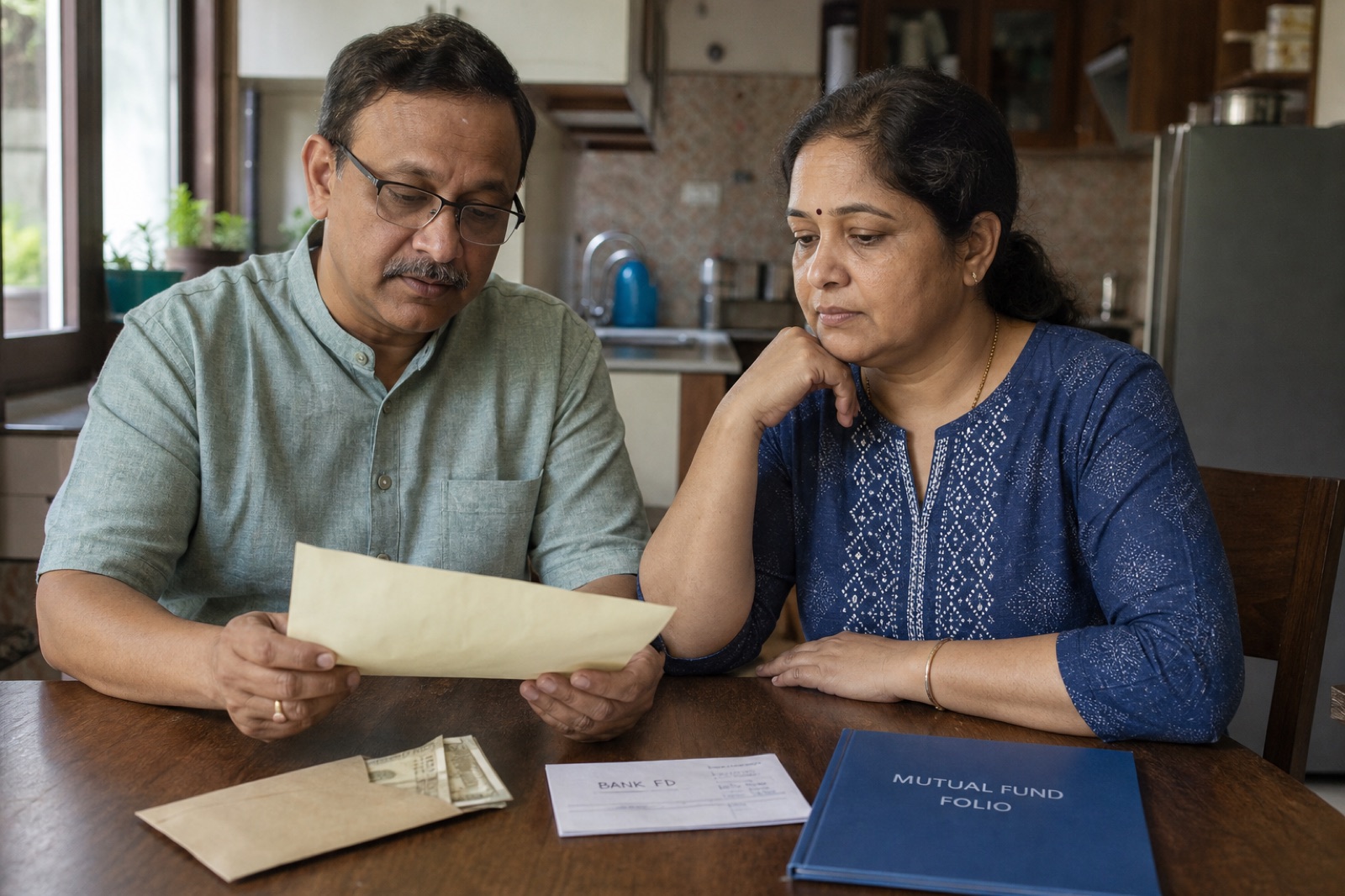 Indian couple at a kitchen table with a monthly cash envelope, an FD receipt, and a mutual fund folio, planning withdrawals carefully